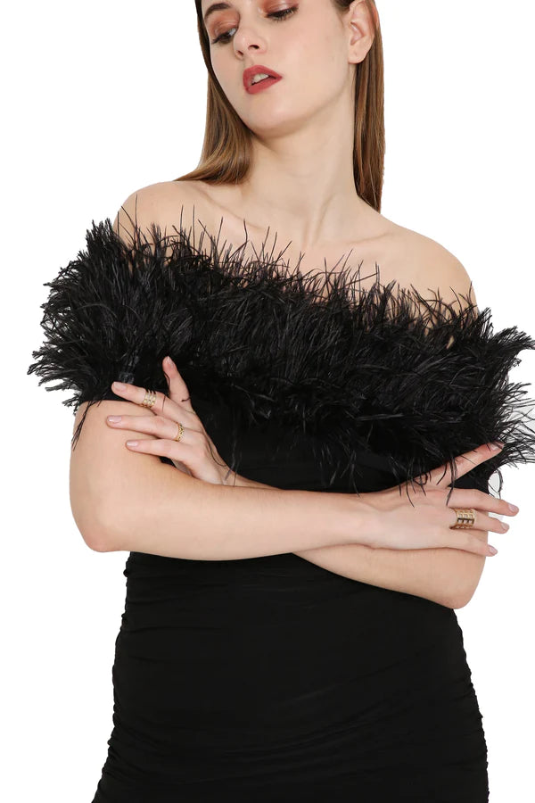 Off- shoulder feather overlay
